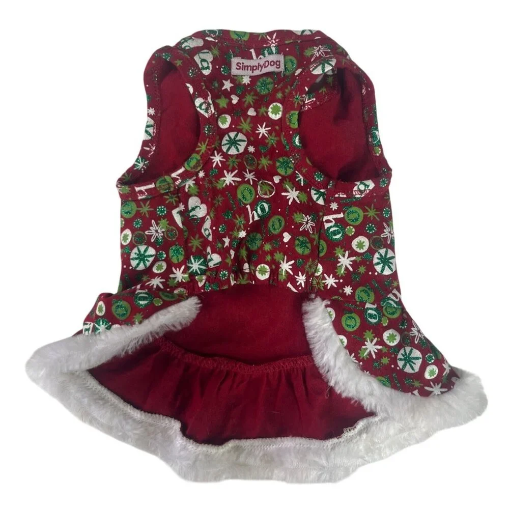Christmas Dog Dress Red Green Glitter Size Small Snowflake Print Faux Fur Hem‎